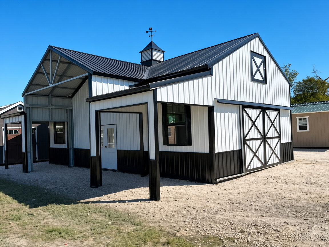 Metal barn with cupola and lean-to